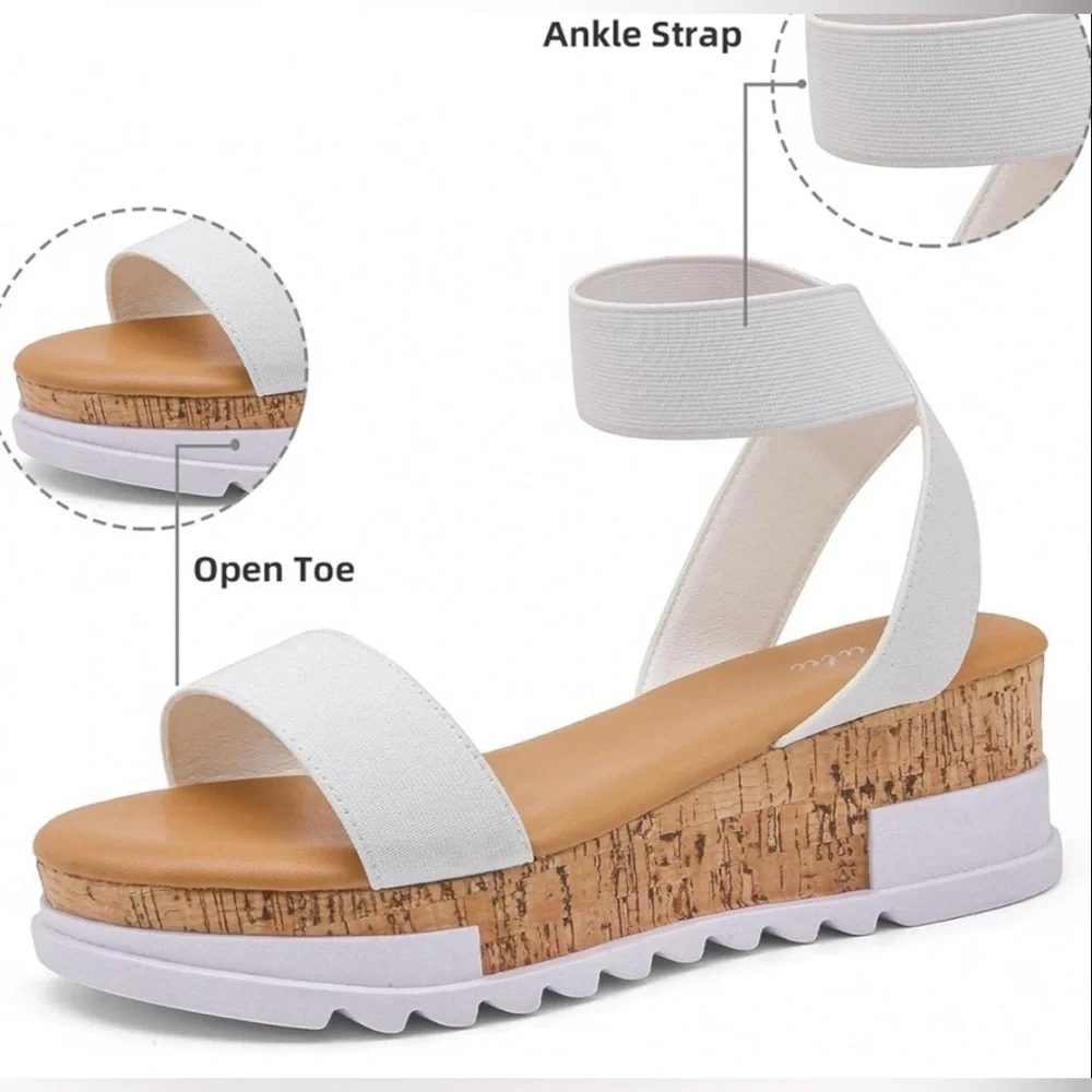 KATLIU WEDGE CORK PLATFORM SANDALS ELASTIC ANKLE STRAP WOMENS WHITE COLOR SIZE 9